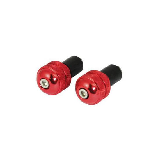 Red aluminum handlebar bar end weights with a round shape, featuring a knurled grip and a central screw for secure attachment, designed for 18 mm handlebars.