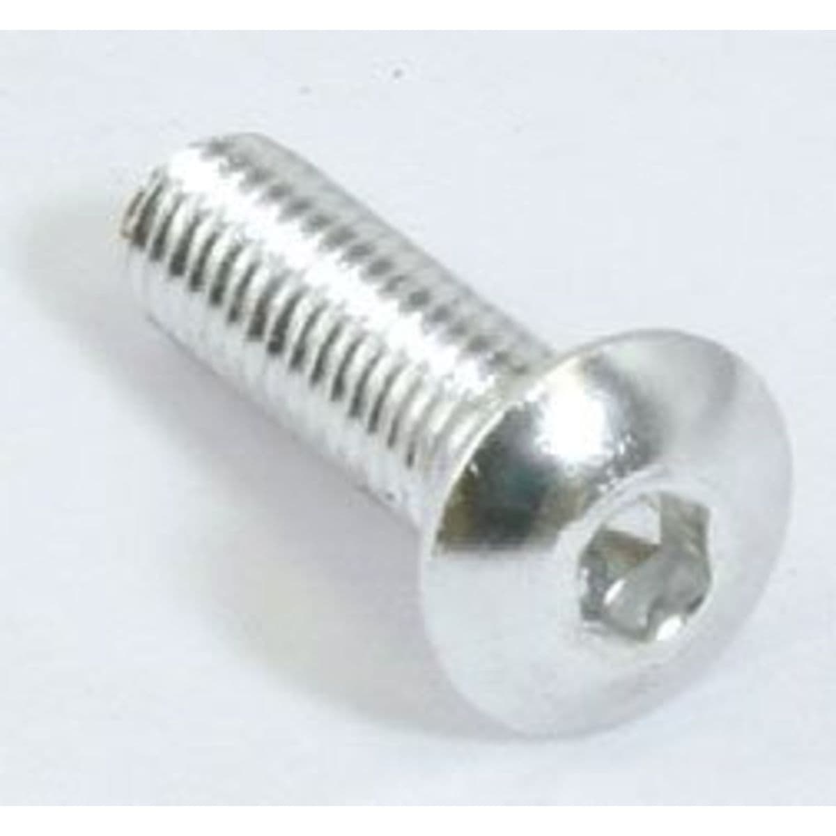 Chrome button head screw with a hex socket, featuring a shiny metallic finish, part of an 8-piece set including nuts and nylon washers, designed for durability.