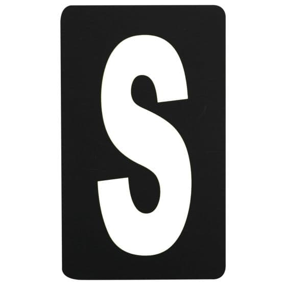 Black pitboard letter featuring a large white "S," made of durable material, designed for visibility in motorsport settings.