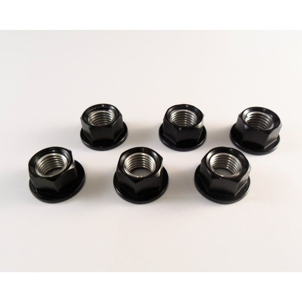 Six black alloy sprocket cush drive nuts, M10/M12x1.25, featuring a hexagonal shape and internal threading, arranged in a row against a white background.
