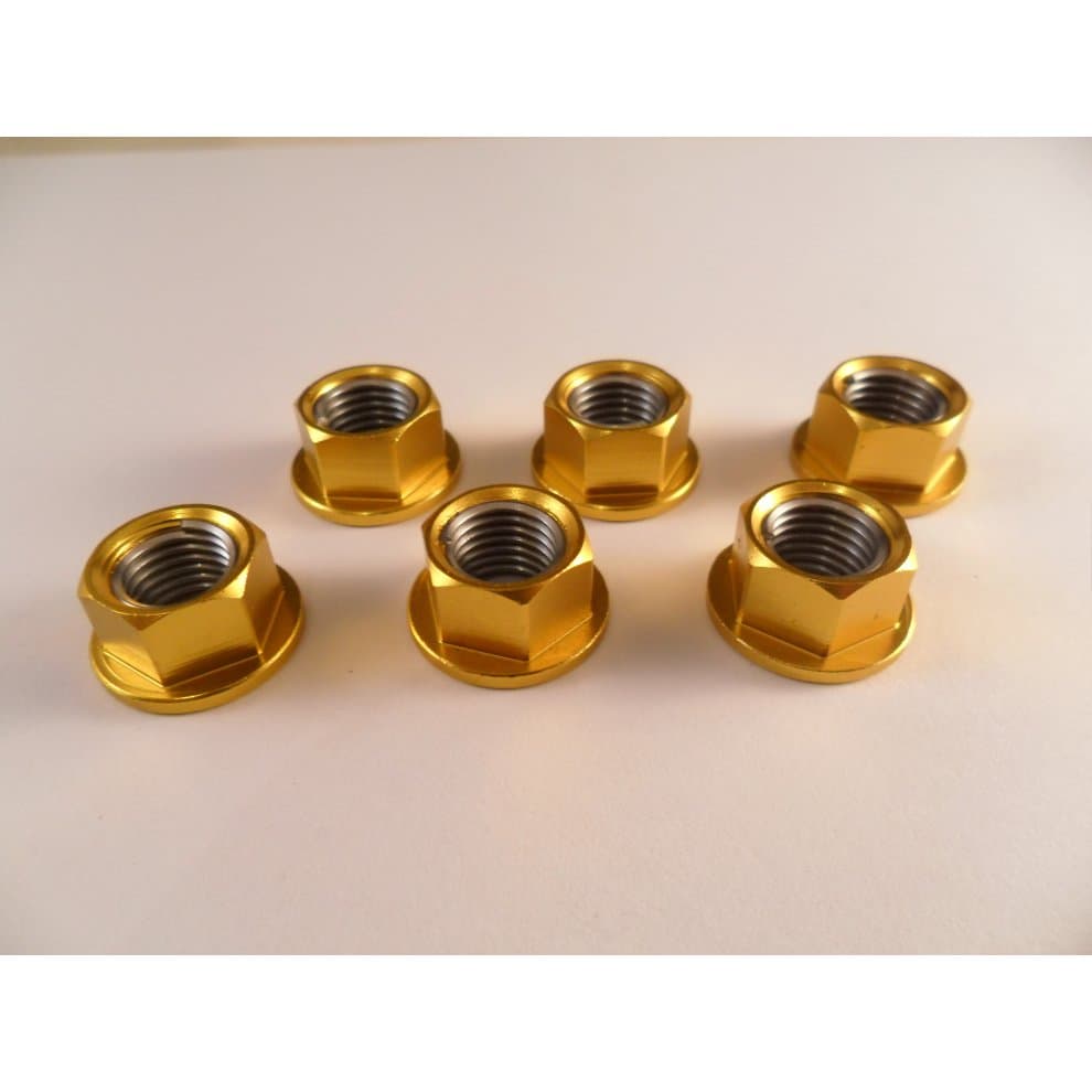 Six gold alloy sprocket cush drive nuts with M12x1.25 threading, featuring a hexagonal shape and smooth finish, arranged on a light background.