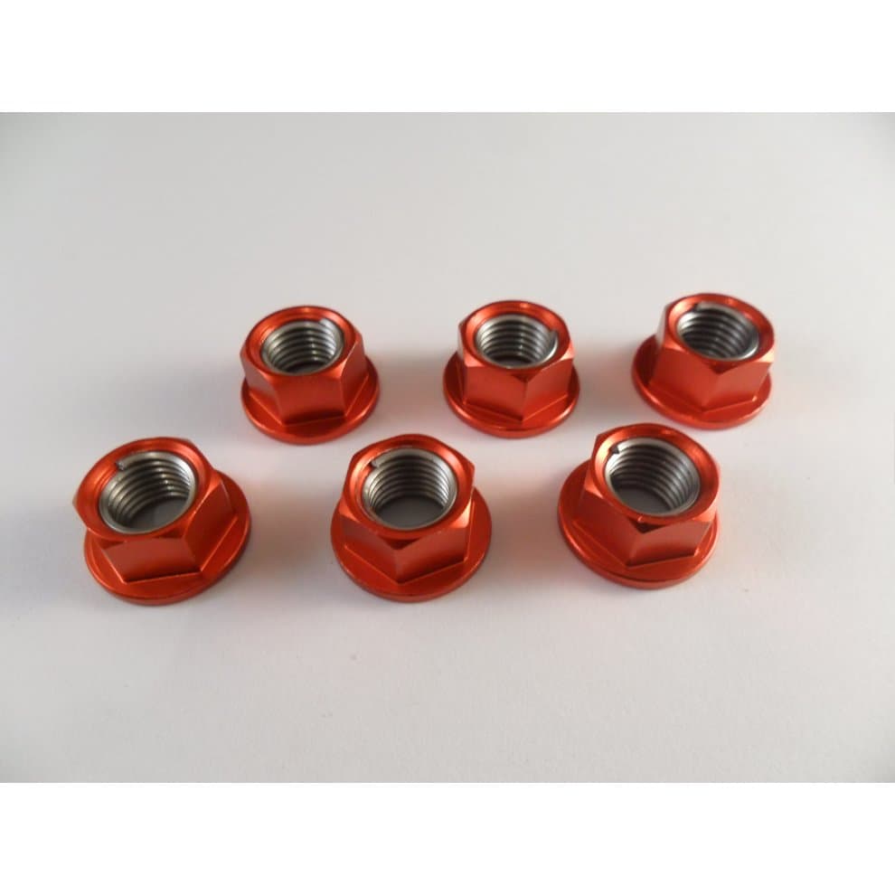 Six red alloy sprocket cush drive nuts with M10x1.25 threading, featuring a hexagonal shape and smooth finish, arranged in a row on a white background.