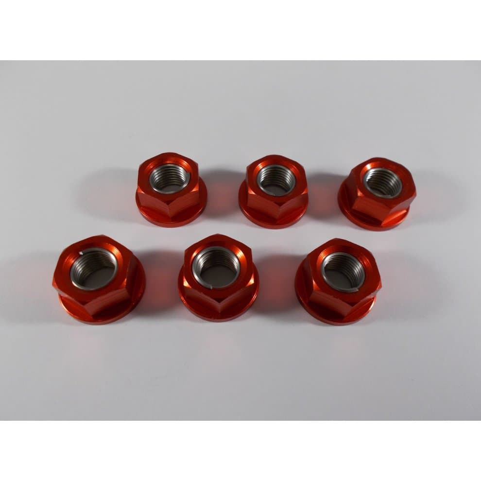 Six red alloy sprocket cush drive nuts with M12x1.25 threading, featuring a hexagonal shape and smooth metallic finish, arranged on a light background.