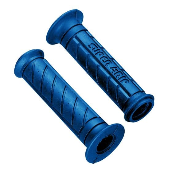 Blue rubber bike grips with a textured surface and spiral grooves, featuring the embossed "supergrip" logo, measuring 20 mm x 25 mm.
