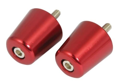 Red alloy handlebar bar end weights with a flush design, featuring a shiny finish and a central hex screw for easy installation, suitable for Suzuki motorcycles.