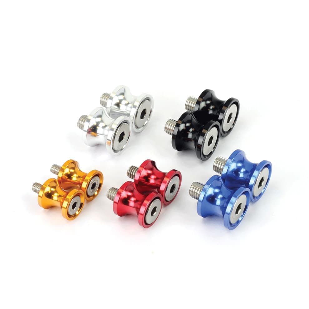 Black motorcycle paddock stand bobbins made of durable material, featuring a sleek design with M8 X 1.25mm threading, suitable for swing arm spools.