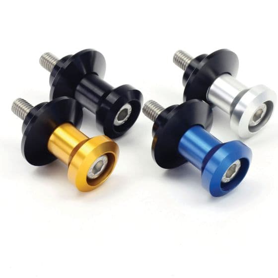 Black, gold, blue, and silver aluminum swing arm spools with a 1.5mm pitch and 10mm screw, designed for use with BikeTek paddock stands.