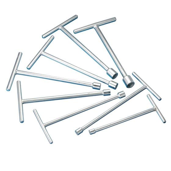 A set of chrome T-spanners in various sizes, featuring a T-shaped handle for grip and a socket end for fitting, arranged in a scattered layout.