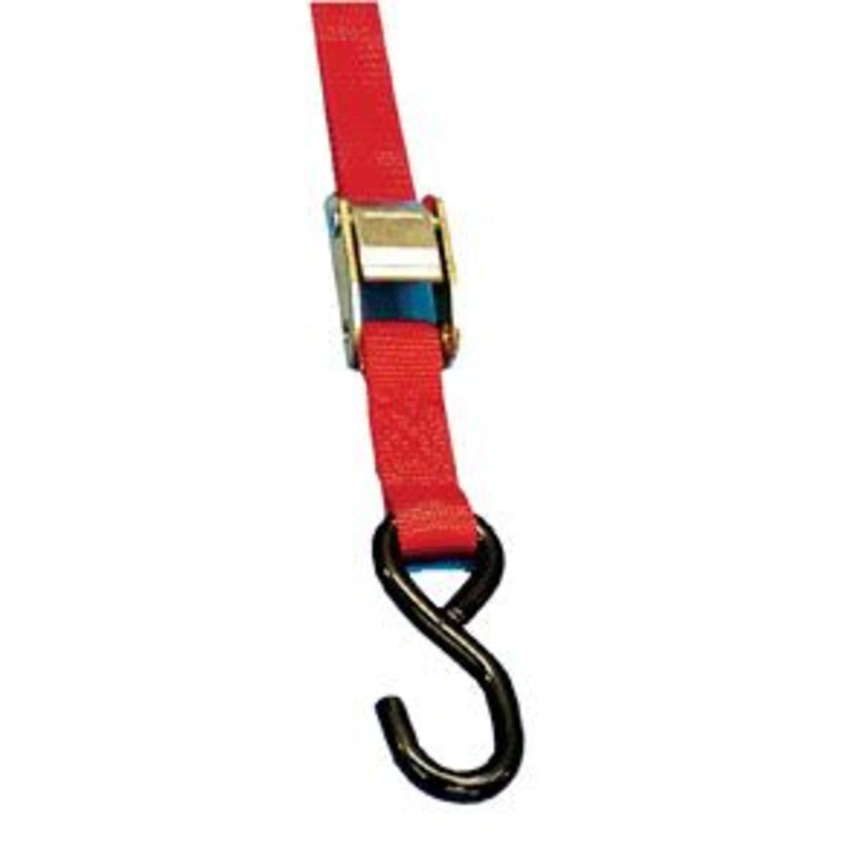 Red nylon tiedown strap with a metal buckle and a black S-hook at one end, designed for securing items, featuring durable material and a two-piece design.