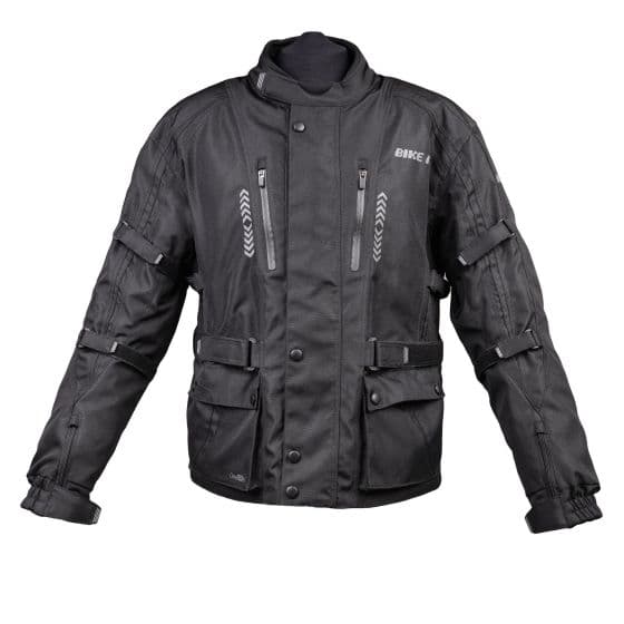 Black waterproof adventure motorcycle jacket with multiple zippered pockets, adjustable straps, and reflective detailing, designed for durability and comfort.