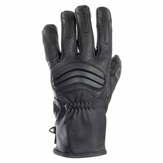 Black leather motorcycle gloves featuring padded knuckles, perforated detailing for breathability, and an adjustable wrist strap for a secure fit.