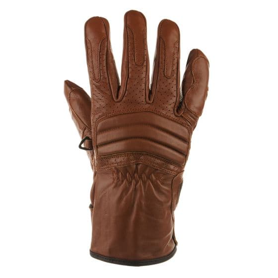 Brown leather motorcycle gloves with perforated detailing, padded knuckles, and a snug fit, designed for comfort and grip while riding.
