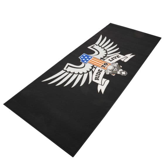 Black carpet featuring a prominent eagle design with an American flag and the text "RIDE TO LIVE," made from durable material suitable for environmental use.
