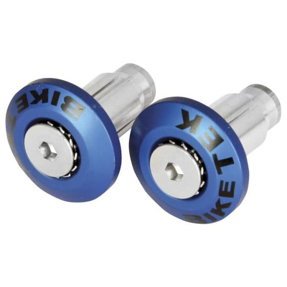 Blue bike bar ends featuring carbon fiber inserts, with a silver metallic finish and engraved "BikeTek" logo, designed for 13 mm and 18 mm handlebars.