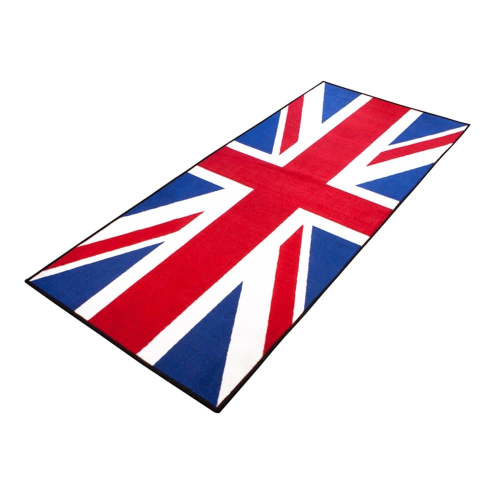 Rectangular carpet featuring the Union Jack design, with vibrant red, white, and blue colors, made from durable material, ideal for bike enthusiasts.