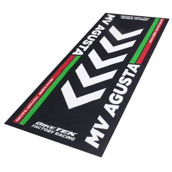 Black carpet featuring a bold white chevron design and "MV AGUSTA" text, accented with green and red stripes, designed for motorcycle enthusiasts by BikeTek.