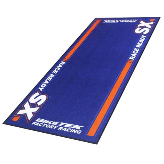 Blue carpet with orange accents featuring "SX" and "RACE READY" text, designed for bike racing, made from durable material for environmental protection.