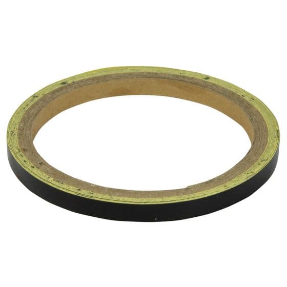 Black reflective stripe tape with a 7mm width, featuring a yellow adhesive backing, designed for motorcycle wheels or body applications.