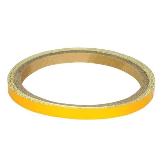 Reflective gold stripes on a roll, 7mm wide, designed for motorcycle wheels or body, featuring a durable adhesive backing for easy application.