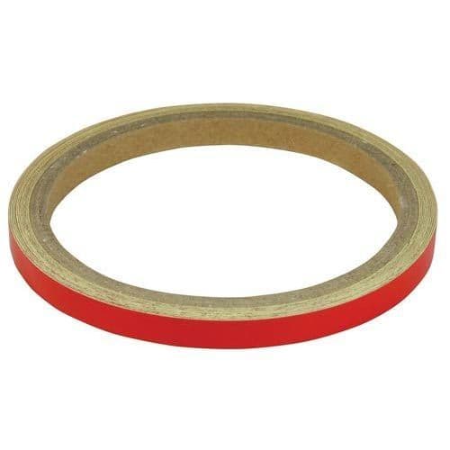 7mm reflective red tape on a roll, featuring a glossy finish and a strong adhesive backing, designed for enhancing visibility on bike wheels and bodywork.