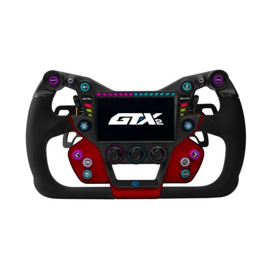 Cube Controls GT-X2 sim racing steering wheel featuring a red and black design, 320mm diameter, with colorful buttons, dials, and black paddles for enhanced control.