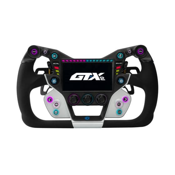 Cube Controls GT-X2 sim racing steering wheel featuring a white body, blue paddles, a 320mm diameter, and various colorful buttons and displays for enhanced racing control.