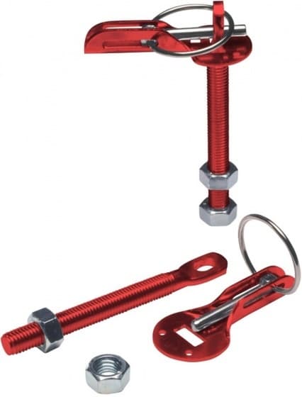 Red aluminum universal motor hook set by Demon Tweeks, featuring a threaded bolt, a locking mechanism, and metal nuts for secure attachment.