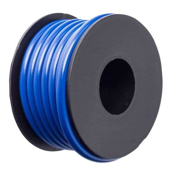 Blue 17 Amp electrical cable on a black spool, approximately 3.5 meters in length, featuring smooth, flexible plastic insulation.
