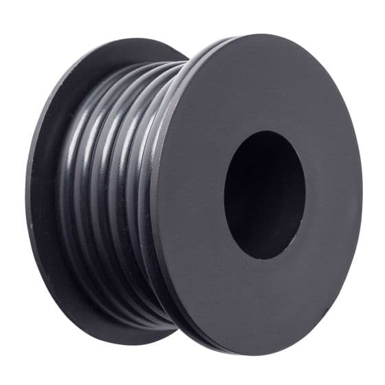 Black 5 Amp electrical cable by Demon Tweeks, approximately 7 meters in length, wound on a spool with a central hole for easy dispensing.
