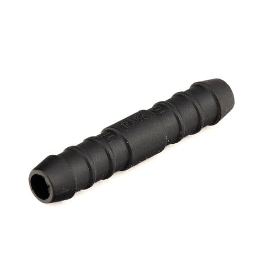 Black plastic hose joiner with a 5mm pipe diameter, featuring a smooth surface and no clips, designed for connecting hoses securely.