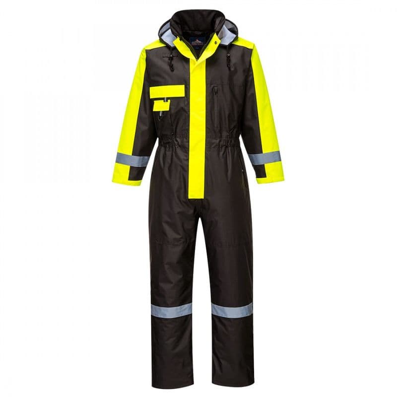 Black waterproof winter coverall with bright yellow reflective stripes, adjustable hood, zippered front, and multiple pockets, designed for visibility and protection in harsh weather.
