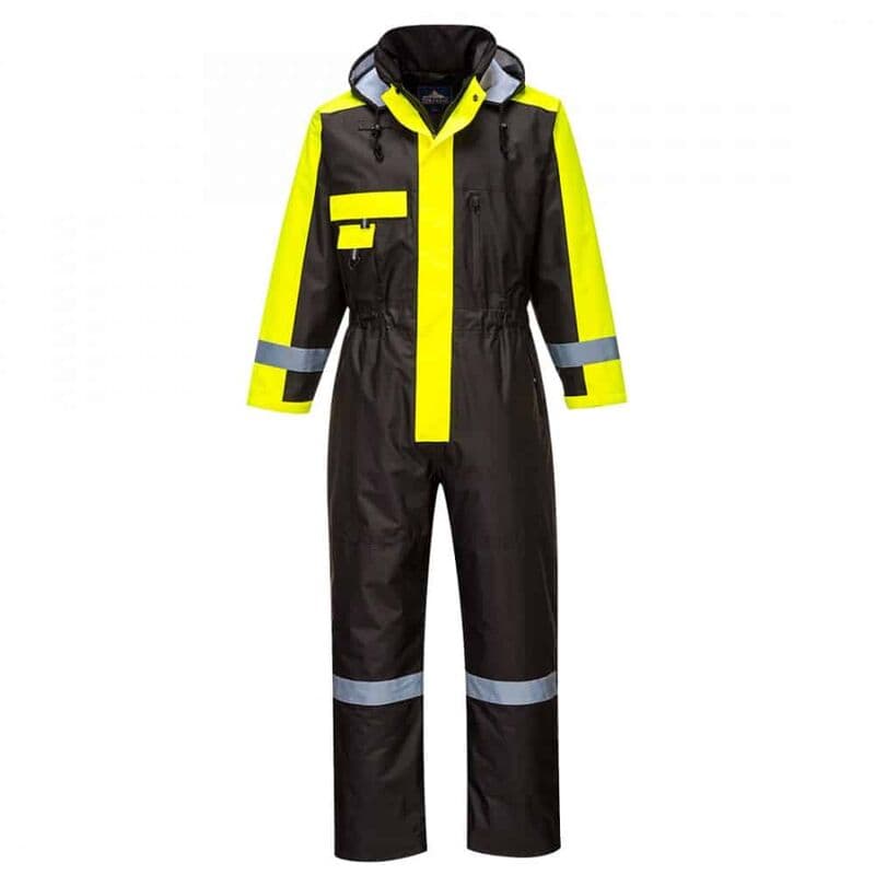 Black waterproof winter coverall with bright yellow reflective stripes, a front zip, and a hood, featuring a chest pocket and adjustable cuffs, size 2XL.