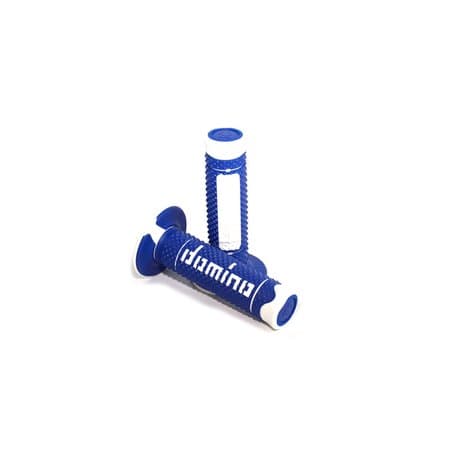 Blue rubber off-road grips with a full diamond pattern and white accents, featuring the "Domino" logo prominently displayed on the side.