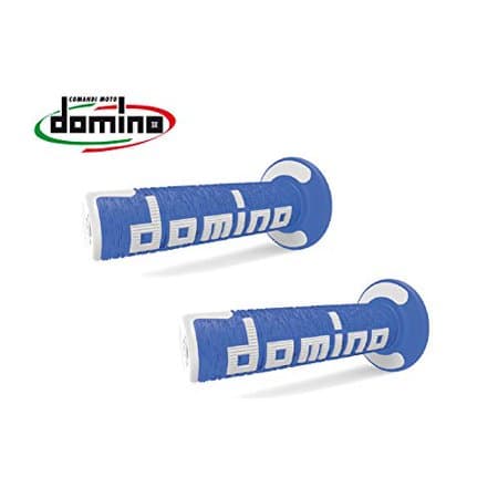 Blue ergonomic off-road grips with a textured surface and white "domino" branding, designed for comfort and control on motorcycles.