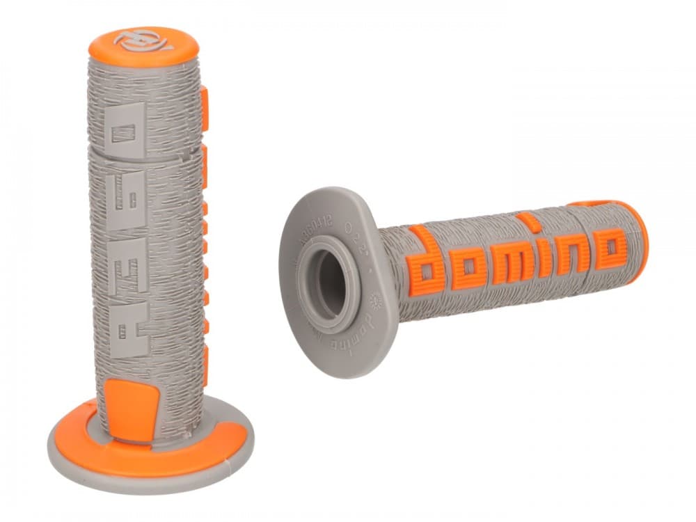 Ergonomic off-road grips in grey with orange accents, featuring a textured surface for enhanced grip and the "Domino A360" logo prominently displayed.