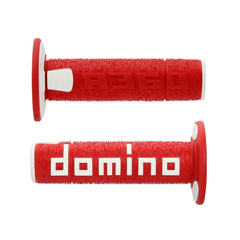 Red rubber handle grips with textured surface, featuring white "Domino" and "A360" logos, designed for off-road use with closed ends.