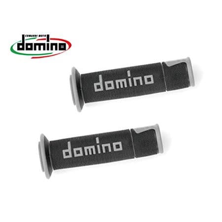 Black rubber grips with a full diamond texture, featuring the "domino" logo in white, designed for street racing, with end caps for secure installation.