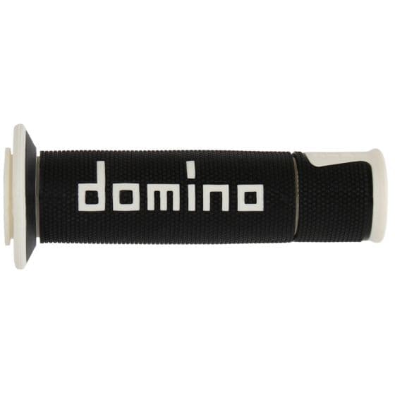 Black rubber handle coverings with textured grip and white "domino" logo, featuring open ends and a sleek design for enhanced control.