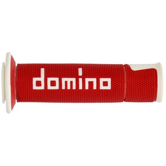 Red rubber handle coverings with a textured grip, featuring white "domino" branding and open ends for easy installation.