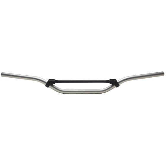 Silver medium bend handlebars made of lightweight avional material, featuring a sleek design with a black crossbar for added stability.