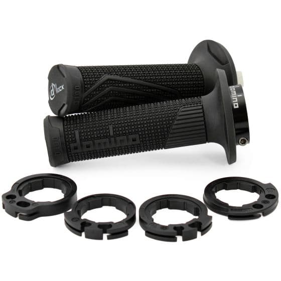 Black rubber grips with textured surfaces and ergonomic design, featuring a locking mechanism and three black locking rings for secure attachment, labeled with "Domino."