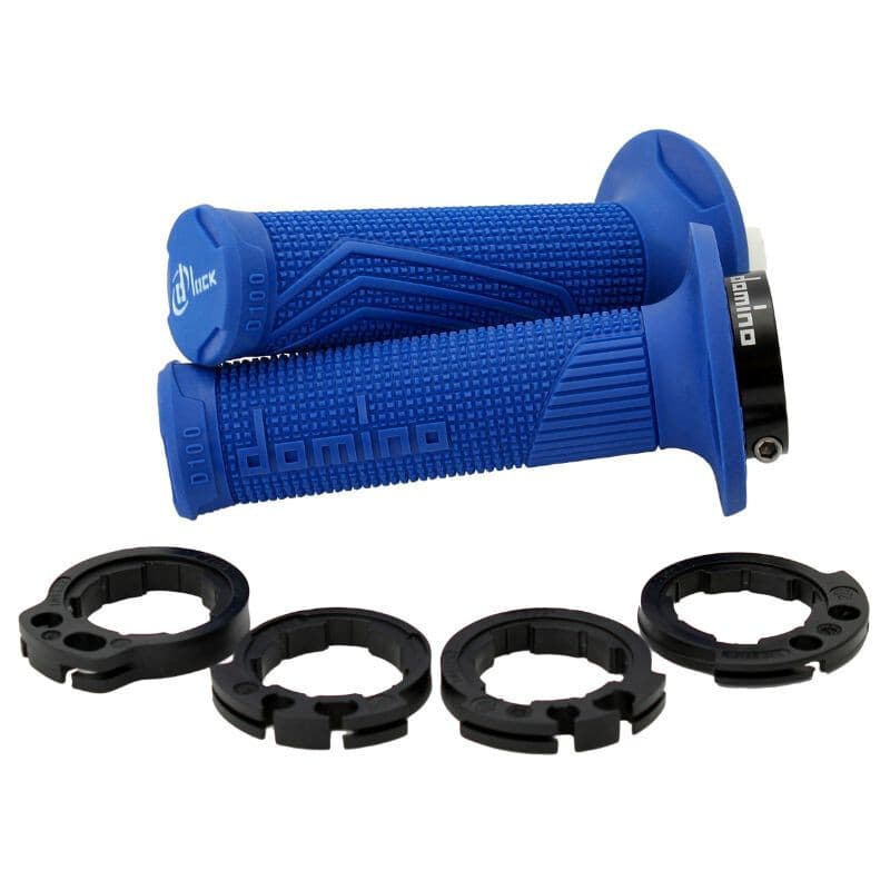 Blue rubber grips with textured surfaces and ergonomic design, featuring black locking rings for secure attachment, labeled with the "Domino D-Lock" logo.