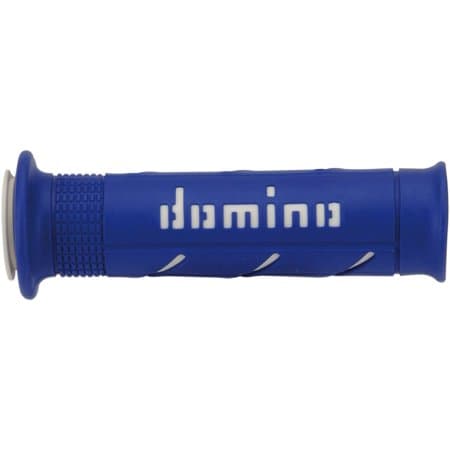 Blue rubber handle covering with textured grip, featuring white "domino" branding and a tapered end for easy installation on handlebars.