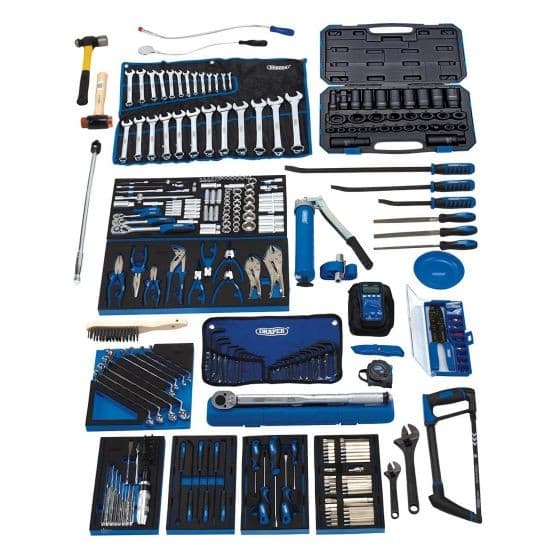 Draper Automotive Technicians Tool Kit featuring 281 pieces in blue and black, including wrenches, sockets, pliers, screwdrivers, a torque wrench, and various hand tools organized in a sturdy case.