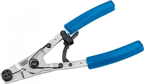 Draper Motorcycle Brake Caliper Pliers with blue rubber grips and a shiny metal body, featuring a circular jaw for gripping brake calipers, measuring 240mm in length.