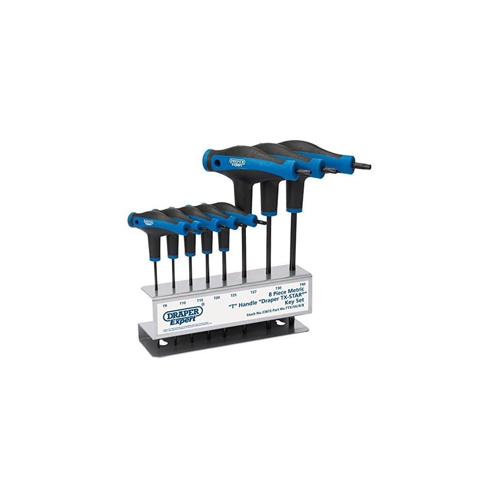 Draper Torx® Keys Set featuring eight metal keys with ergonomic black and blue handles, displayed on a clear stand with size markings for easy identification.