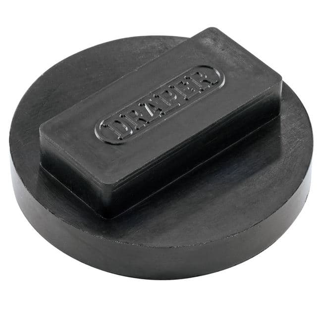 Round black rubber pad with a rectangular raised section, embossed with "DRAPER," designed for use with trolley jacks, specifically for BMW vehicles.