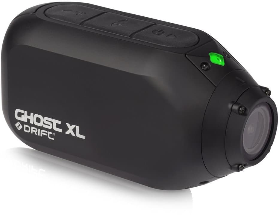 Compact black Drift Ghost XL camera featuring a lens, control buttons on top, and a green indicator light, designed for action recording with a sleek, durable exterior.