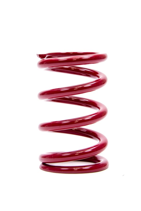 Red coil over spring with a 2.25-inch inner diameter and 5-inch height, featuring a smooth, glossy finish and tightly wound spirals for enhanced performance.
