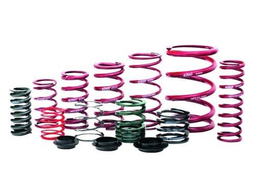 Red coil over spring with a 2.25-inch inner diameter and 6-inch height, featuring a glossy finish and Eibach branding among various other springs in different colors.